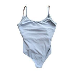 Ptula Scoopneck Bodysuit L Powder Blue Thong Back Built in Bra Athleisure
